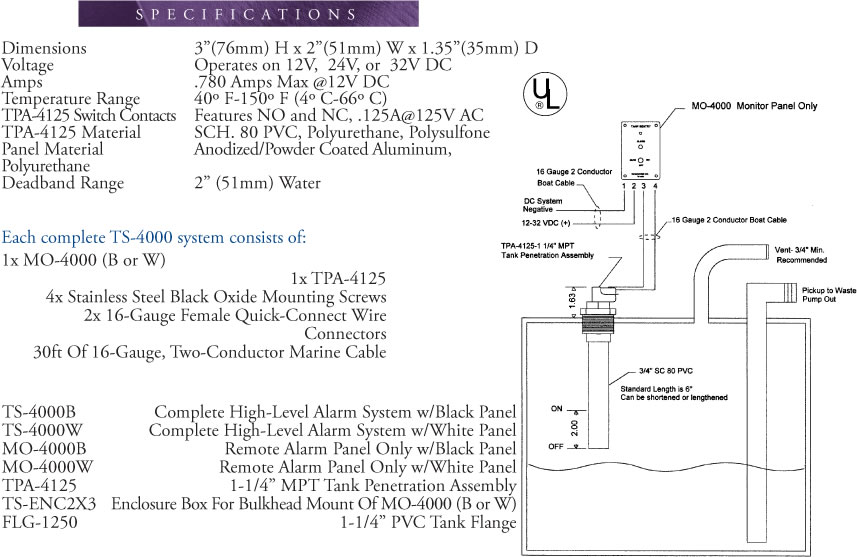 TS-2000-BRS Tank Sentry System with Hi & Lo Alarm -1-1/4" MPT Brass Tank Adapter